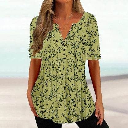 Floral Print V Neck Button Loose Blouse-Datalatt