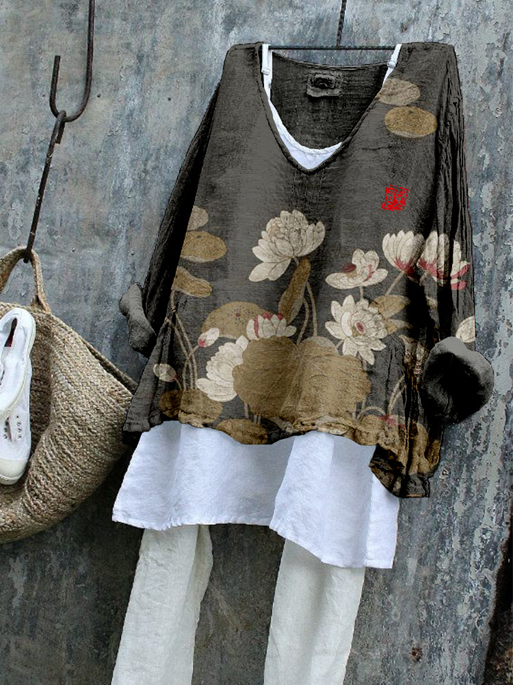 Vintage Lotus Flower Art Linen Blend Flowy Tunic-Datalatt