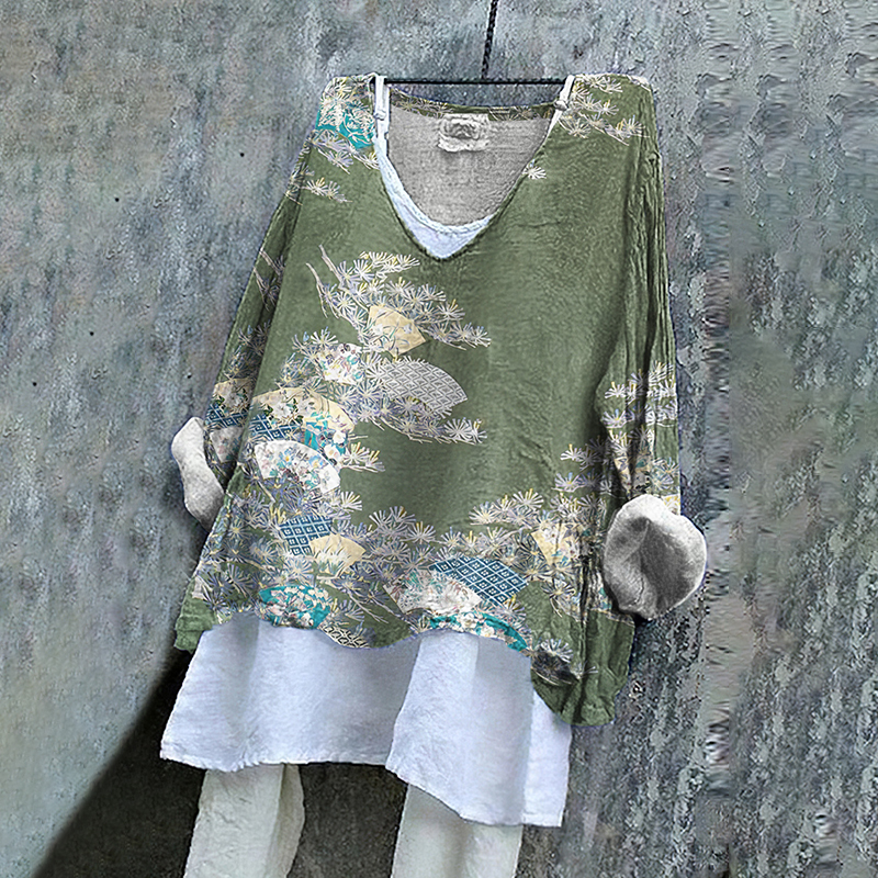 Vintage Japanese Art Flower Print V-Neck Loose Blouse-Datalatt