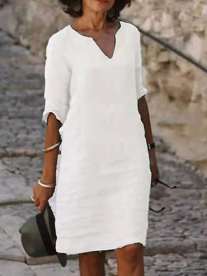 Casual Cotton And Linen Solid Color Dress-Datalatt