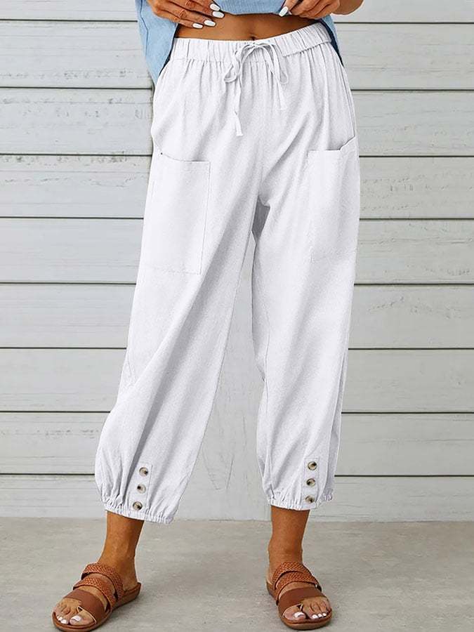 Solid Color Casual With Pocket Buttons Cotton Linen Trousers-Datalatt