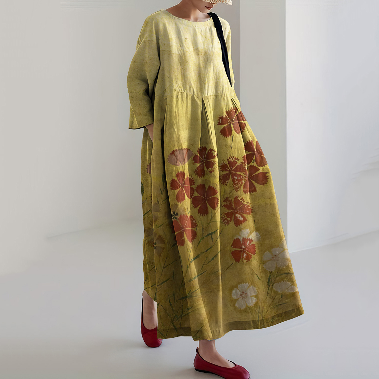 Japanese Art Flower Print Long Sleeve Casual Midi Dress-Datalatt