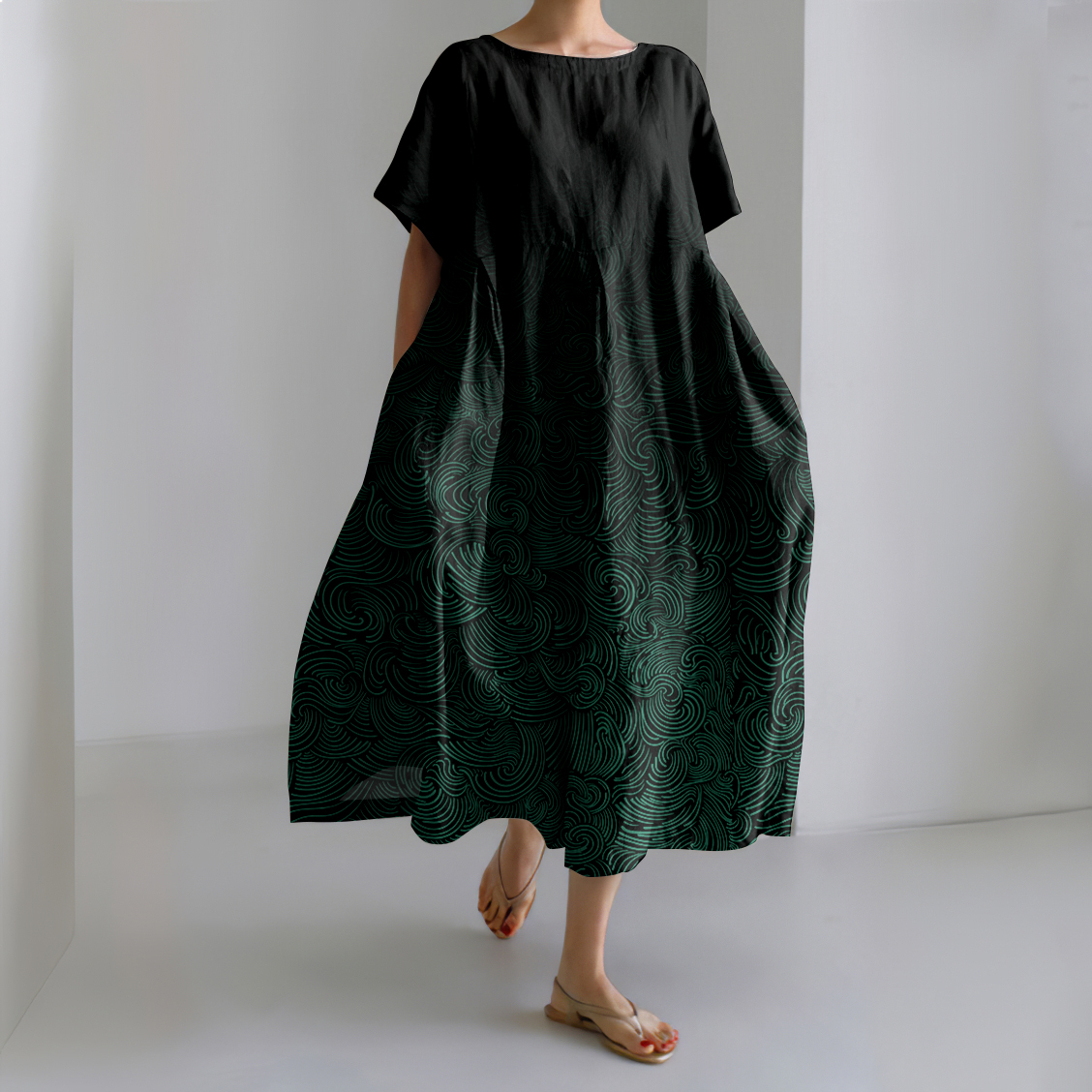 Vintage Waves Print Short Sleeve Linen Blend Maxi Dress-Datalatt