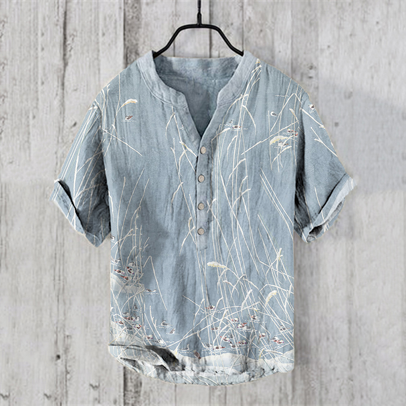 Japanese Art Print V-Neck Linen Blend Cozy Shirt-Datalatt