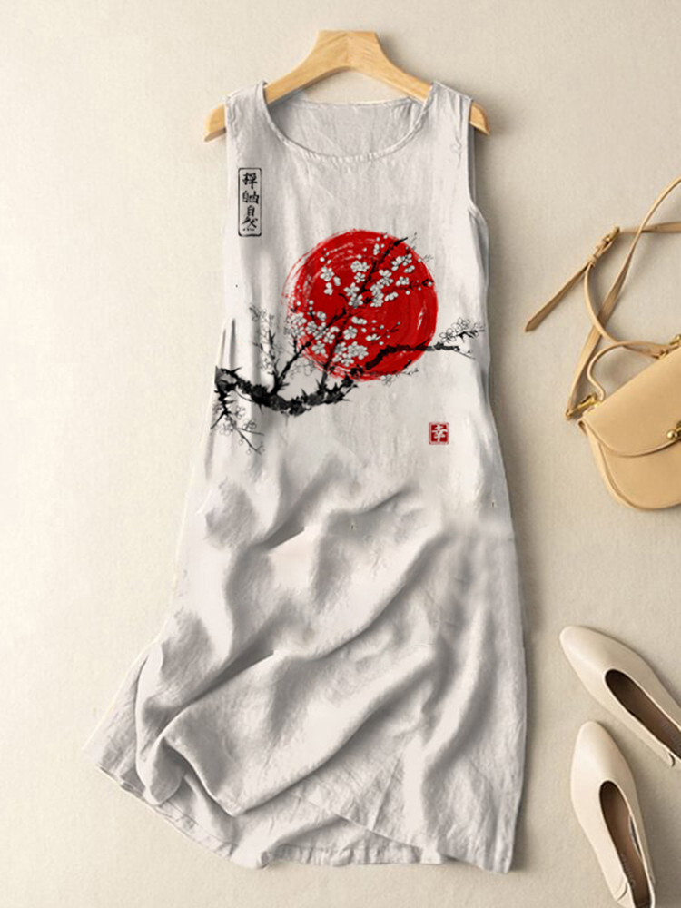 Vintage Japanese Ink Flower Sunrise Art Print Sleeveless Cotton And Linen Midi Dress-Datalatt