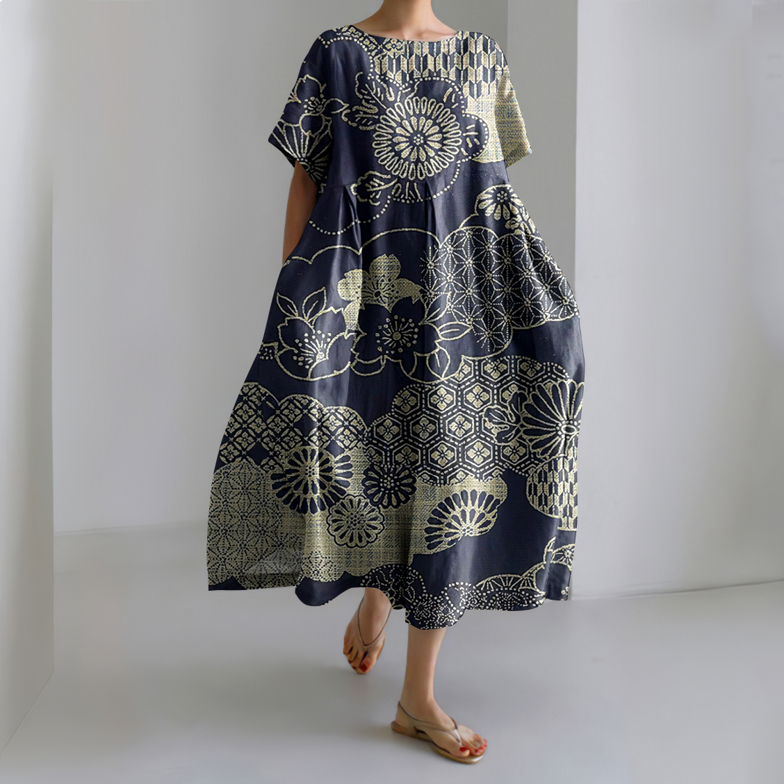 Vintage Japanese Art Print Short Sleeve Loose Midi Dress-Datalatt