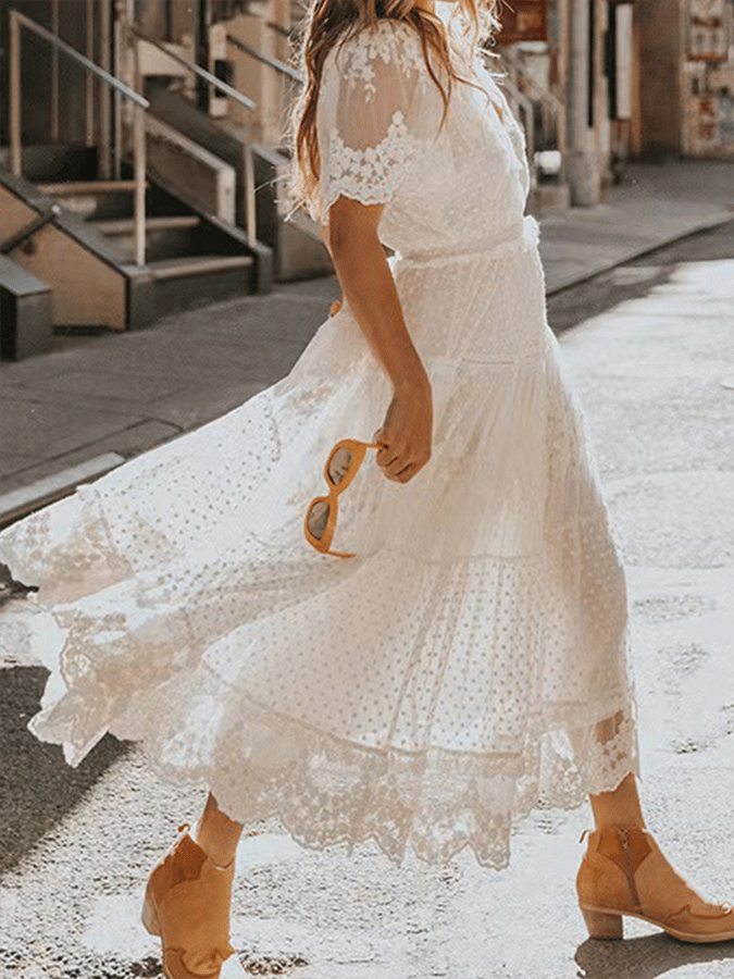 Women's Elegant v-neck Short Sleeve Lace Patchwork Embroidered Long Dresses-Datalatt