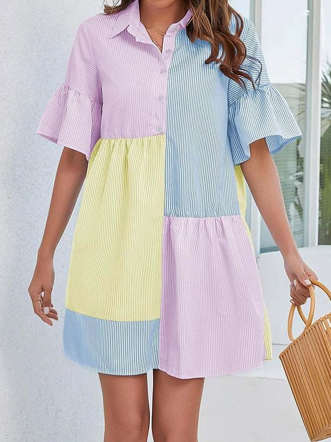 Women's Striped Short Sleeve Color Block Shirt Dress-Datalatt
