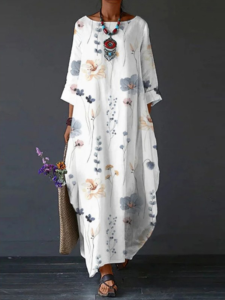 Women's Floral Print Loose Cotton Linen Maxi Dress-Datalatt