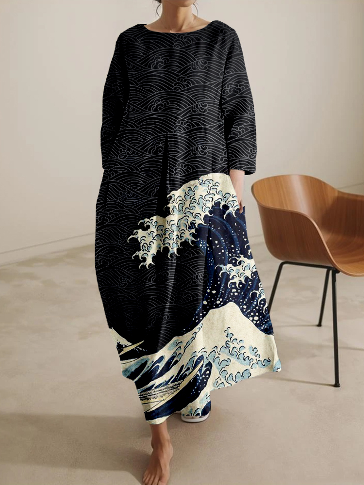 Japanese Wave Inspired Pattern Comfy Midi Dress-Datalatt