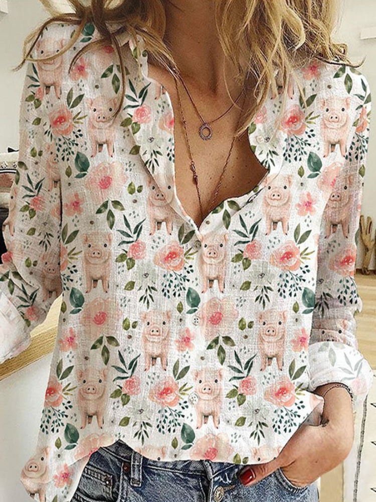 Pink Piglet And Floral Print Casual Blouse-Datalatt