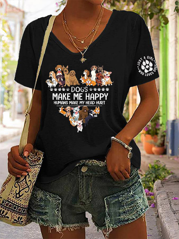 Just A Girl Who Loves All Her Dogs Print V-Neck T-Shirt-Datalatt