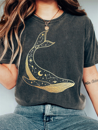 Celestial Whale Graphic Vintage Washed T Shirt-Datalatt
