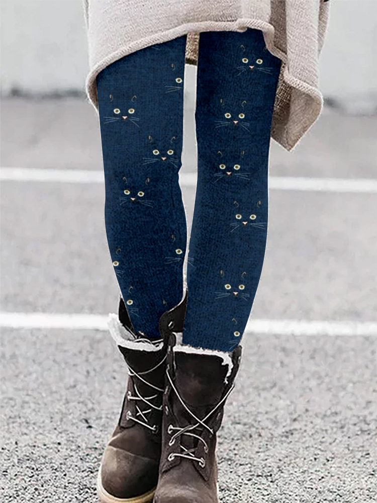 Cute Cat Face Pattern Casual Cozy Leggings-Datalatt