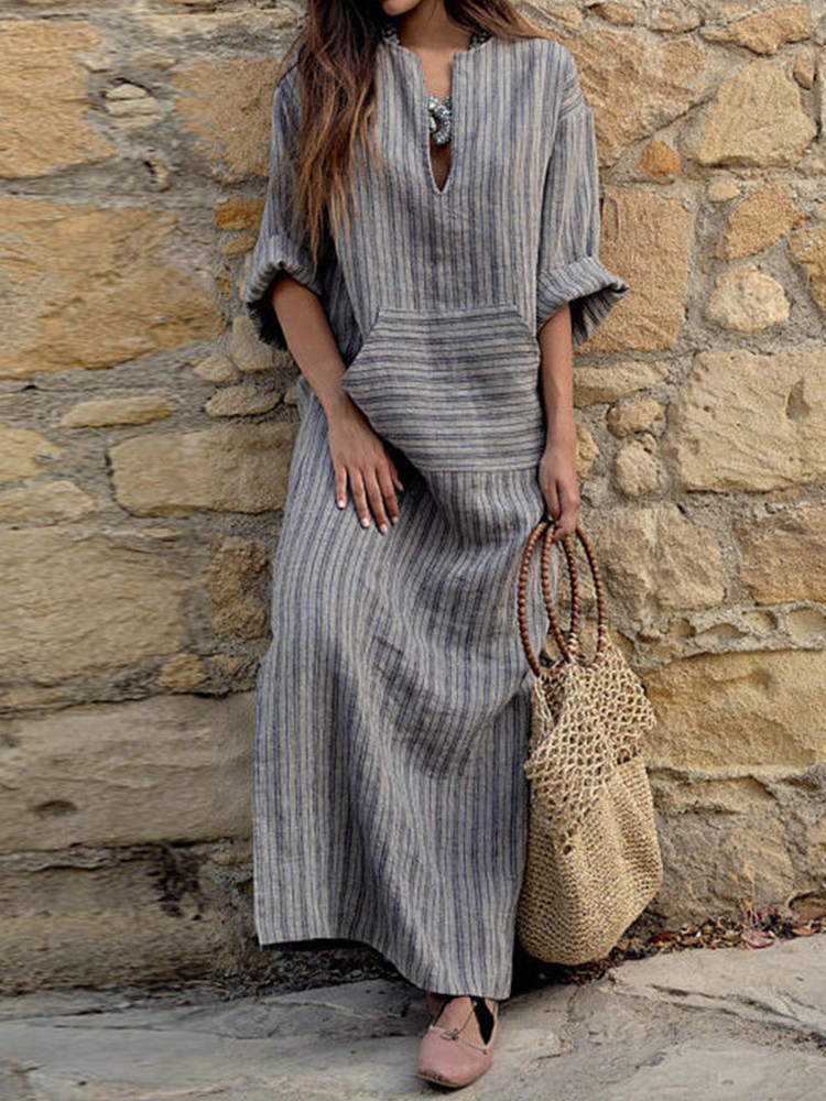 Vintage Stripes V Neck Casual Maxi Dress-Datalatt