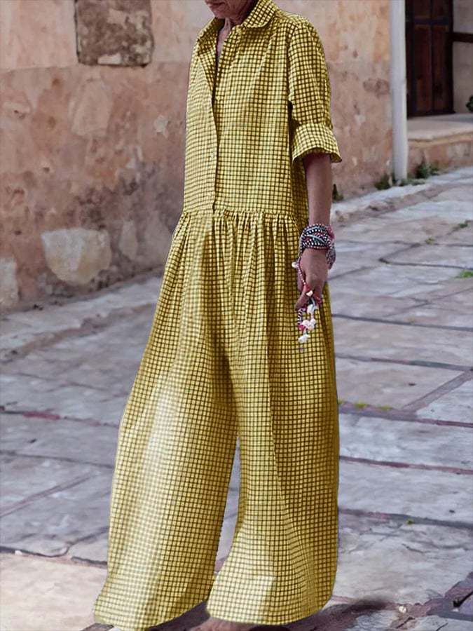 Women's Vintage Classic Plaid Long Sleeve Pocket Shirt Jumpsuit-Datalatt