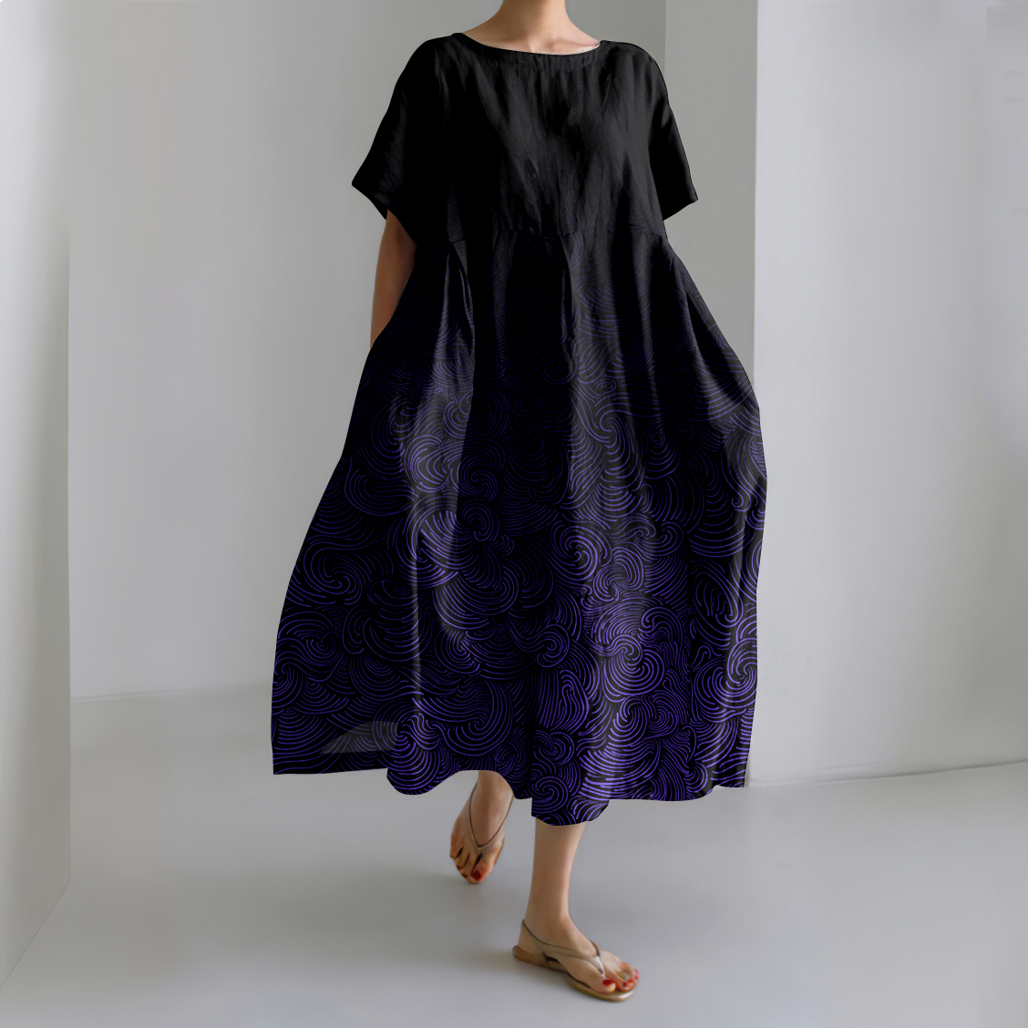 Vintage Waves Print Short Sleeve Linen Blend Maxi Dress-Datalatt