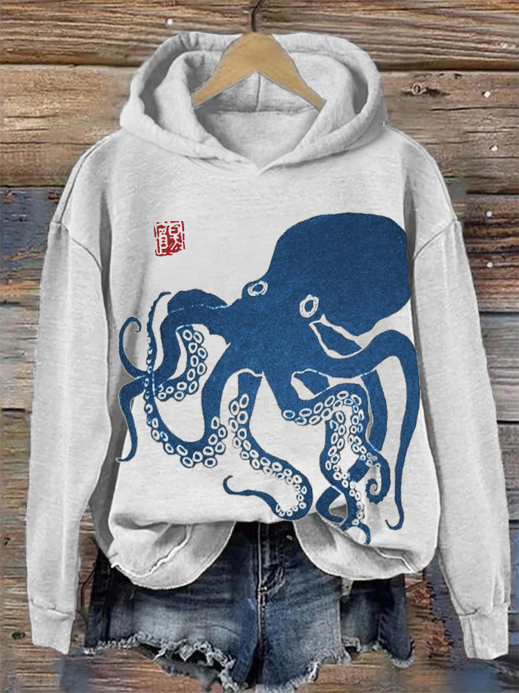 Octopus Japanese Lino Art Cozy Hoodie-Datalatt