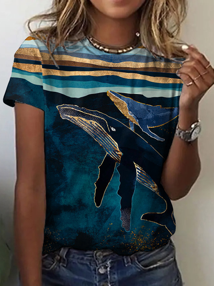 Oil Painting Whale Print Short Sleeve T-Shirt-Datalatt