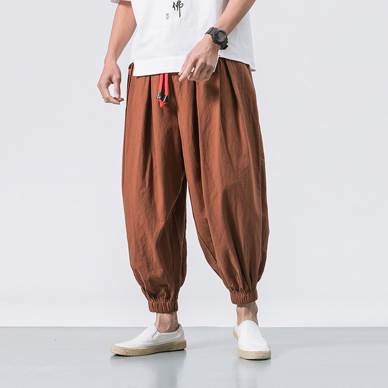 Men's Vintage Elastic Waist Drawstring Casual Loose Cotton Linen Pants-Datalatt