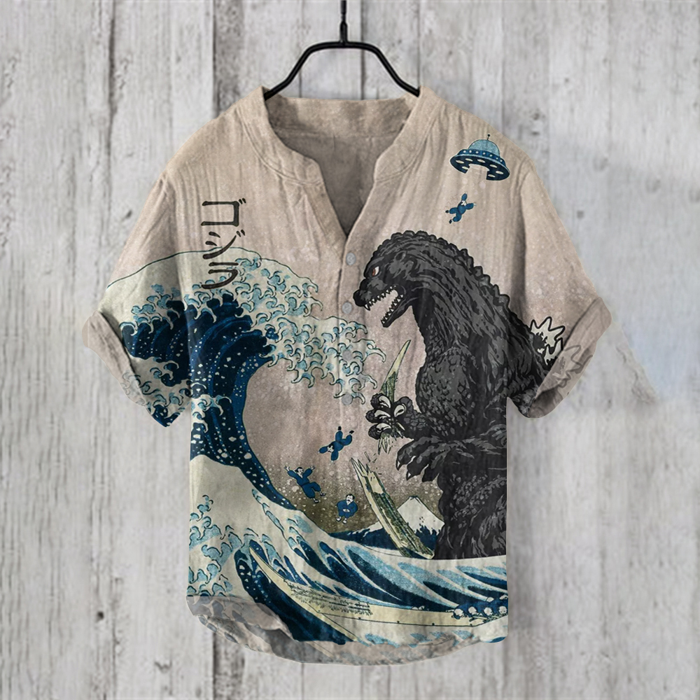 The Great Waves And Godzilla Japanese Art Print Henry Collar Shirt-Datalatt