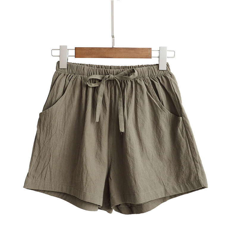 Women's Elastic Waist Pocket Linen Casual Short Pants-Datalatt