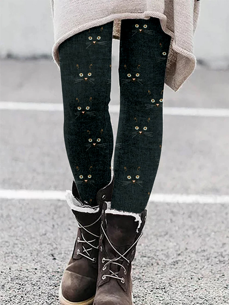 Cute Cat Face Pattern Casual Cozy Leggings-Datalatt