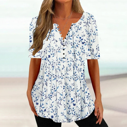 Floral Print V Neck Button Loose Blouse-Datalatt