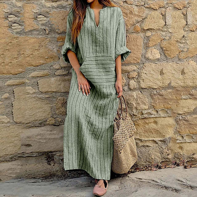Vintage Stripes V Neck Casual Maxi Dress-Datalatt