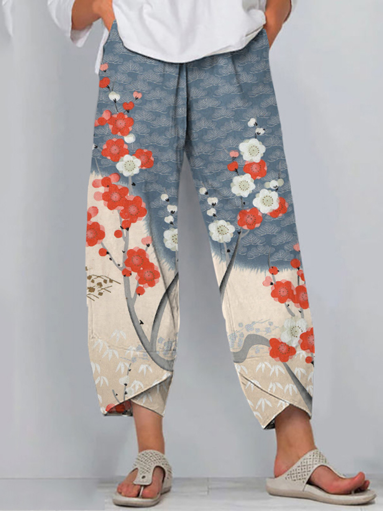 Japanese Art Cherry Blossom Print Casual Pants-Datalatt