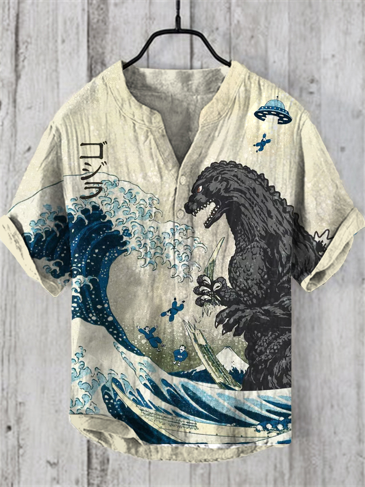 The Great Waves And Godzilla Japanese Art Print Henry Collar Shirt-Datalatt
