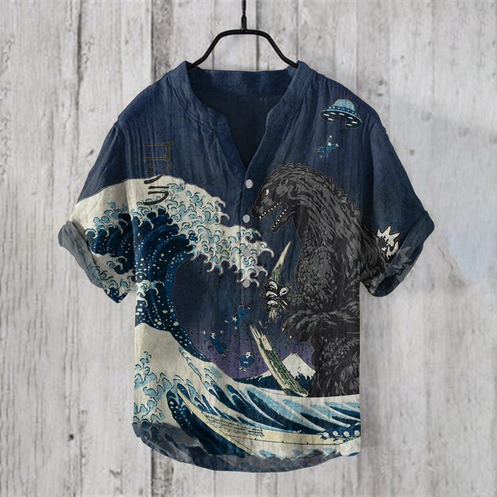 The Great Waves And Godzilla Japanese Art Print Henry Collar Shirt-Datalatt