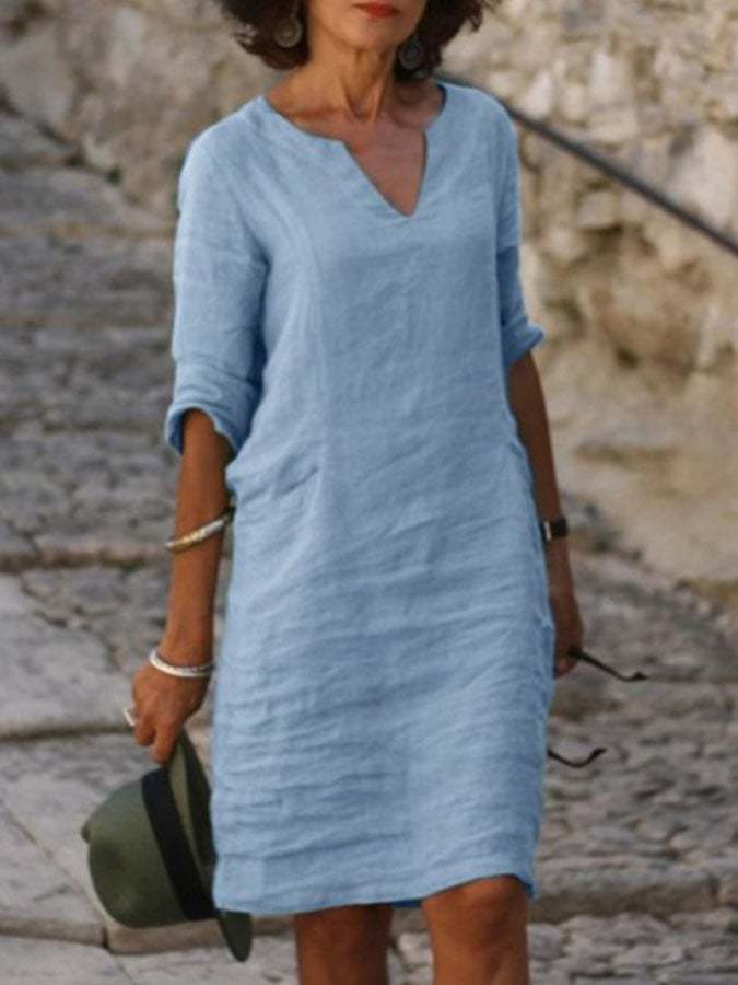 Casual Cotton And Linen Solid Color Dress-Datalatt