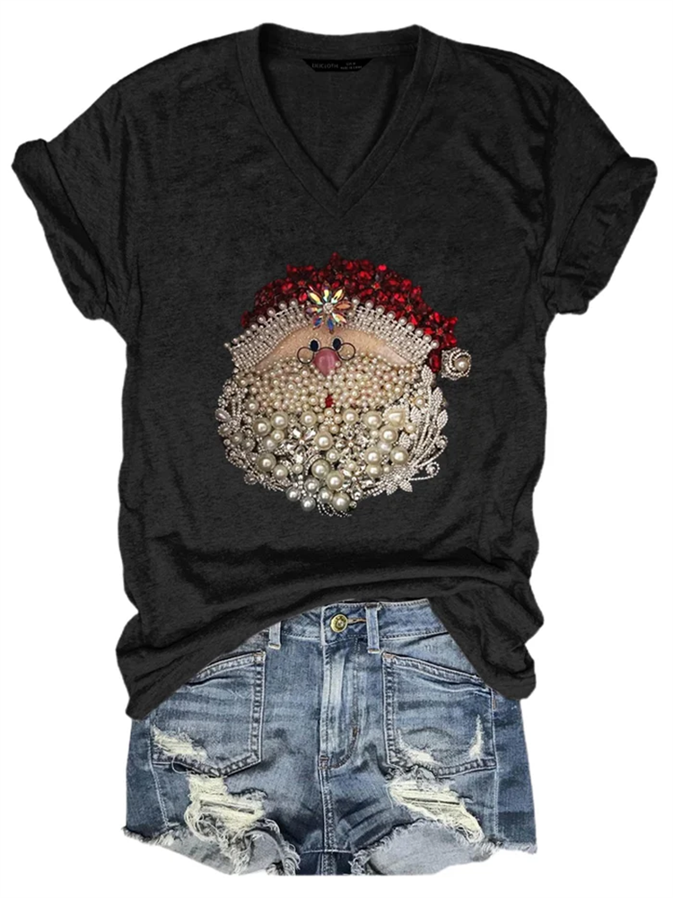 Women's Christmas Santa Claus Jewel Art Print T-Shirt-Datalatt