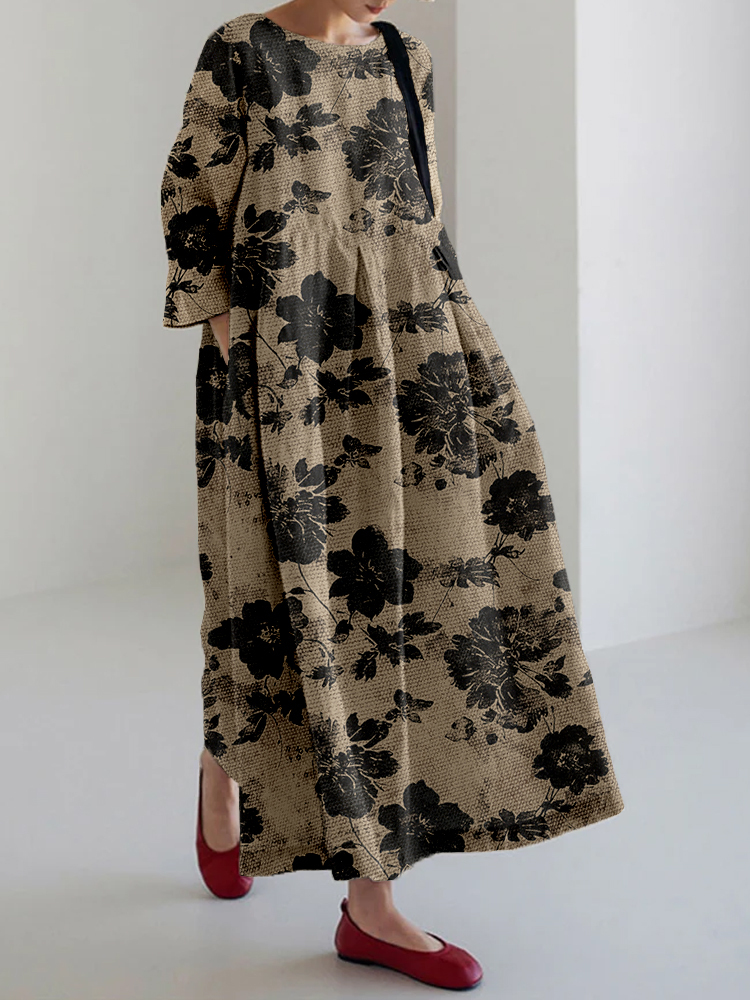 Vintage Abstract Floral Art Linen Blend Maxi Dress-Datalatt