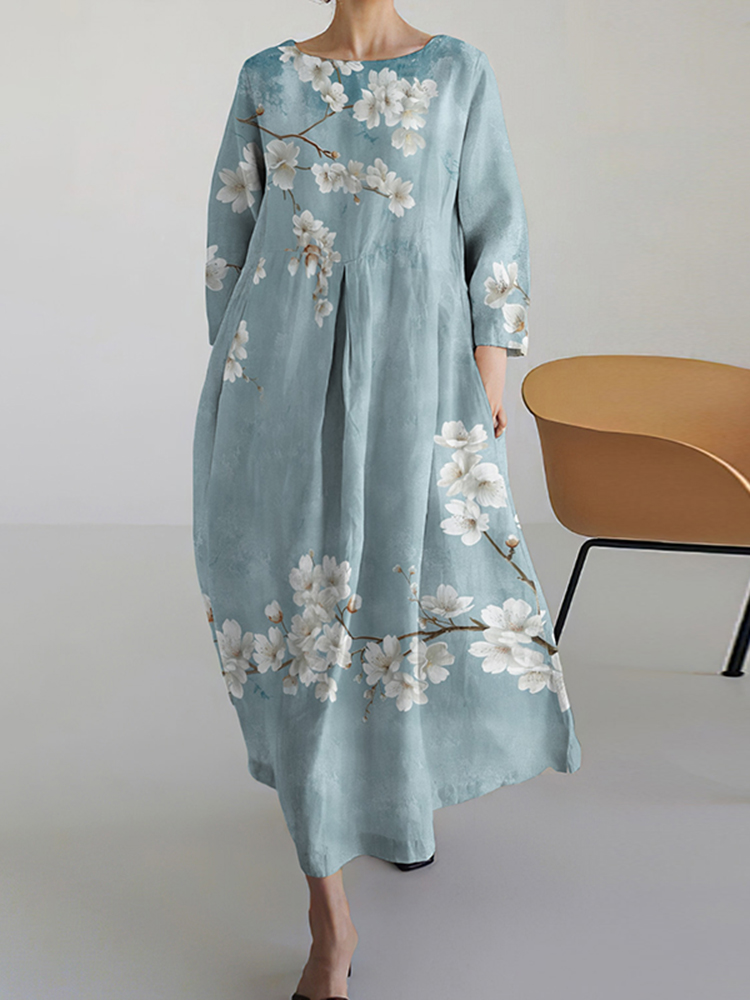 Women's Loose Blossom Printed Cotton Linen Crew Neck Maxi Dress-Datalatt
