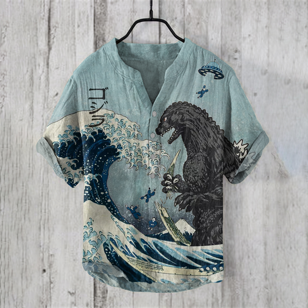The Great Waves And Godzilla Japanese Art Print Henry Collar Shirt-Datalatt