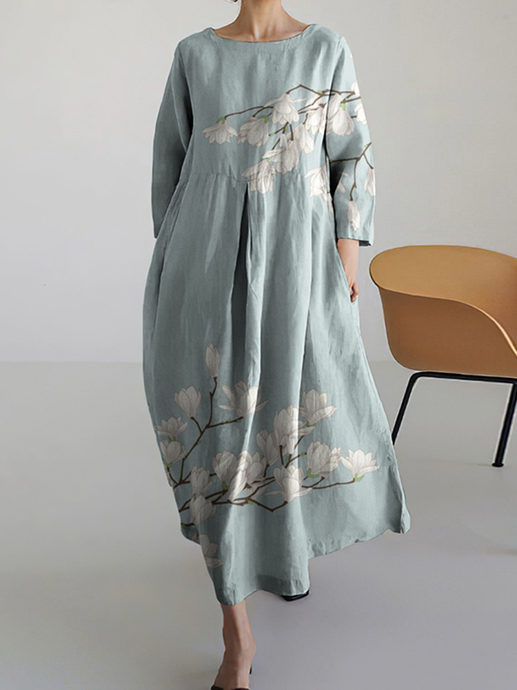 Women Japanese Art Floral Pattern Linen Blend Maxi Dress-Datalatt