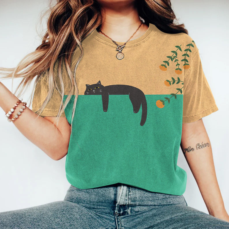 Abstract Creative Lazy Black Cat Painting Art T-Shirt-Datalatt