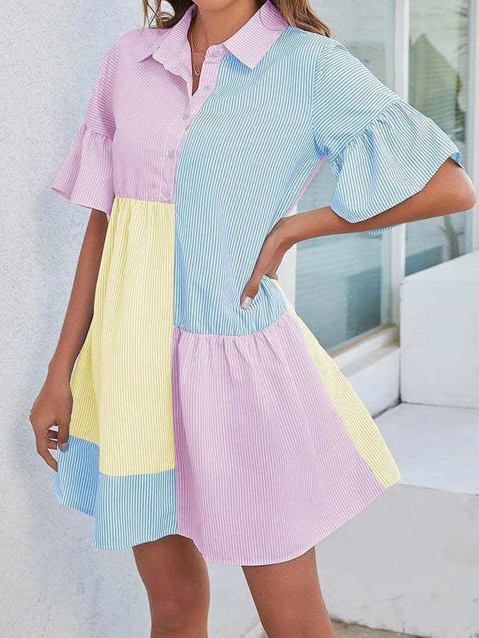 Women's Striped Short Sleeve Color Block Shirt Dress-Datalatt