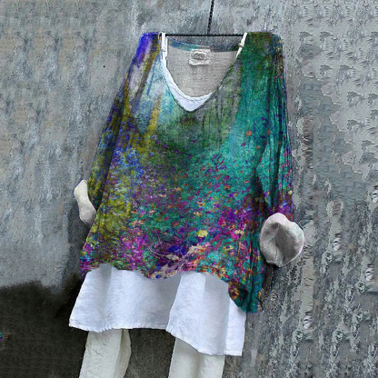 Abstract Floral Print V-Neck Casual Blouse-Datalatt