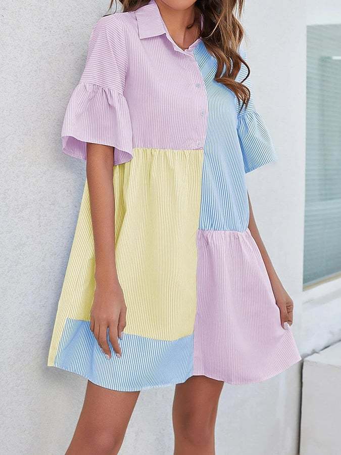 Women's Striped Short Sleeve Color Block Shirt Dress-Datalatt