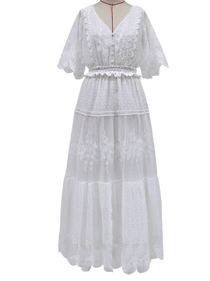 Women's Elegant v-neck Short Sleeve Lace Patchwork Embroidered Long Dresses-Datalatt