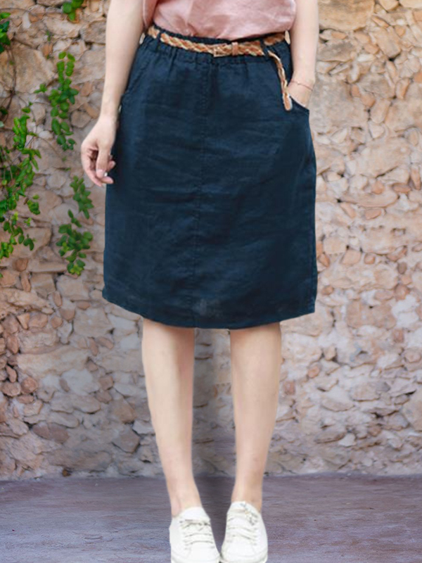 Linen Elastic Waist Skirt-Datalatt