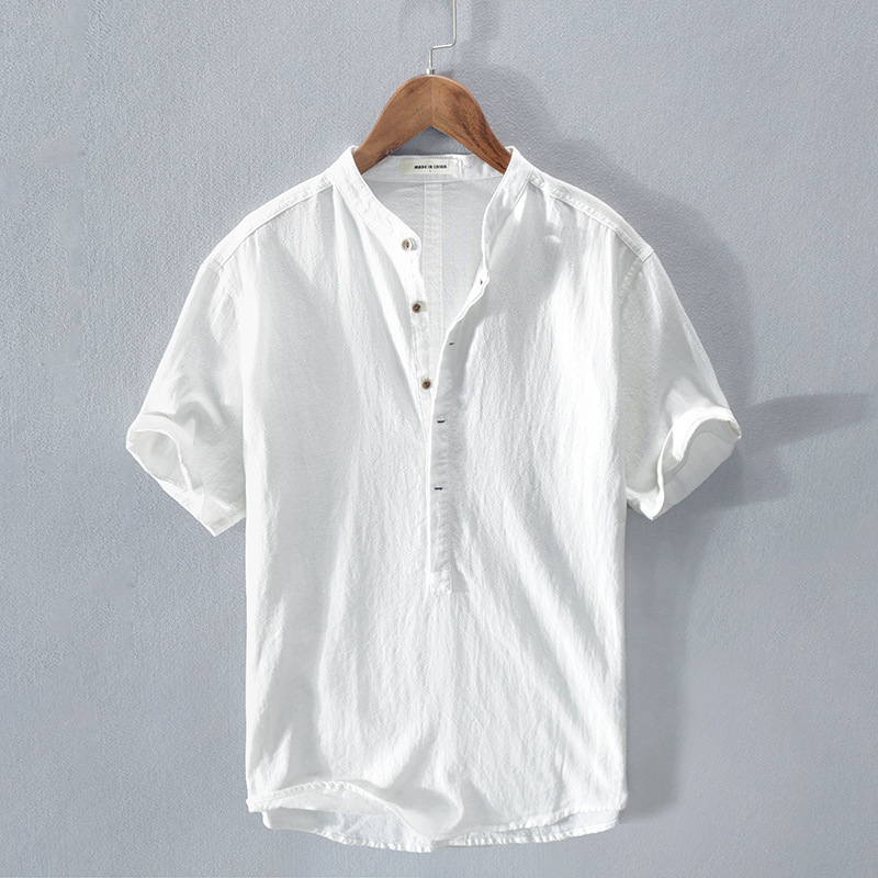 Men's Vintage Button Down Casual V Neck Linen Blend Shirt-Datalatt