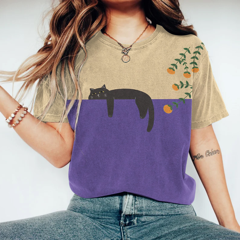 Abstract Creative Lazy Black Cat Painting Art T-Shirt-Datalatt