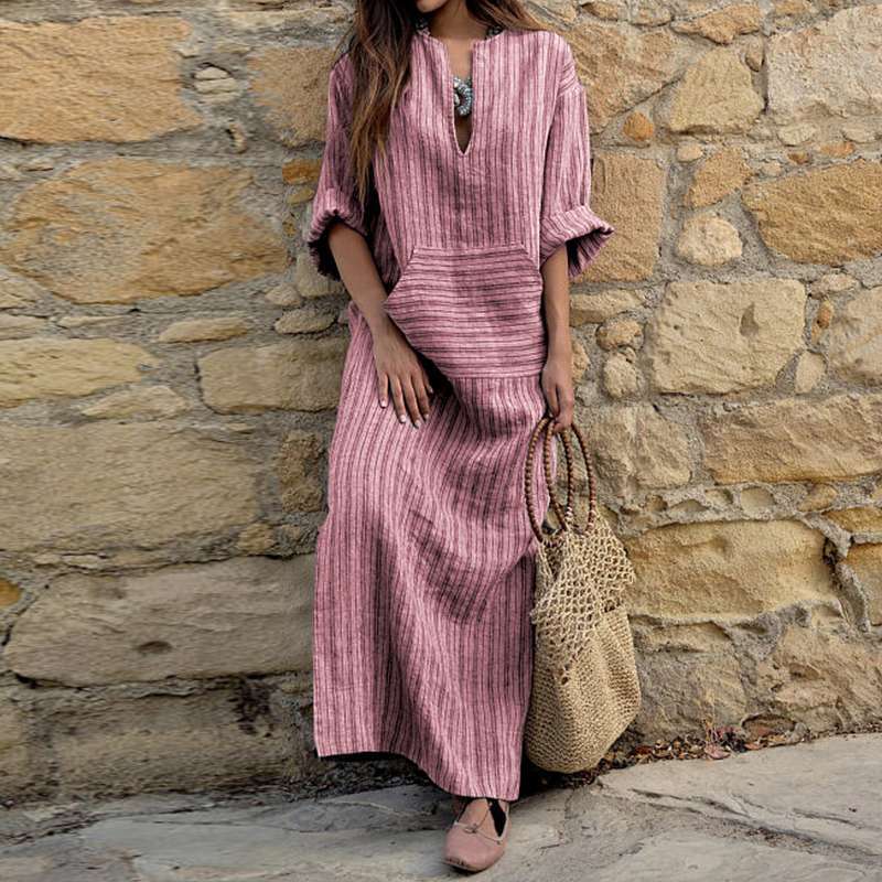 Vintage Stripes V Neck Casual Maxi Dress-Datalatt