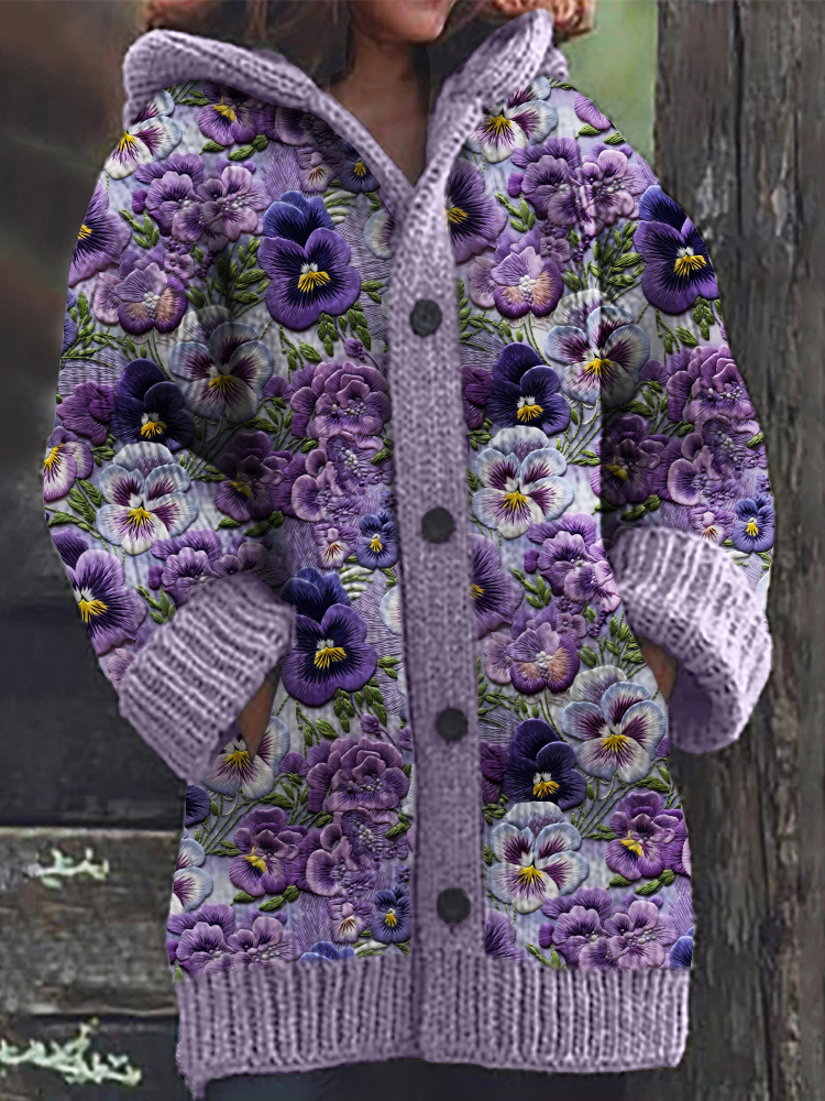 Pansy Floral Pattern Cozy Hooded Casual Clothing
