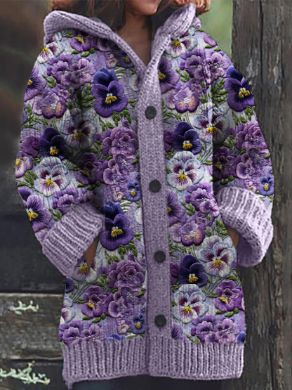 Pansy Floral Pattern Cozy Hooded Casual Clothing