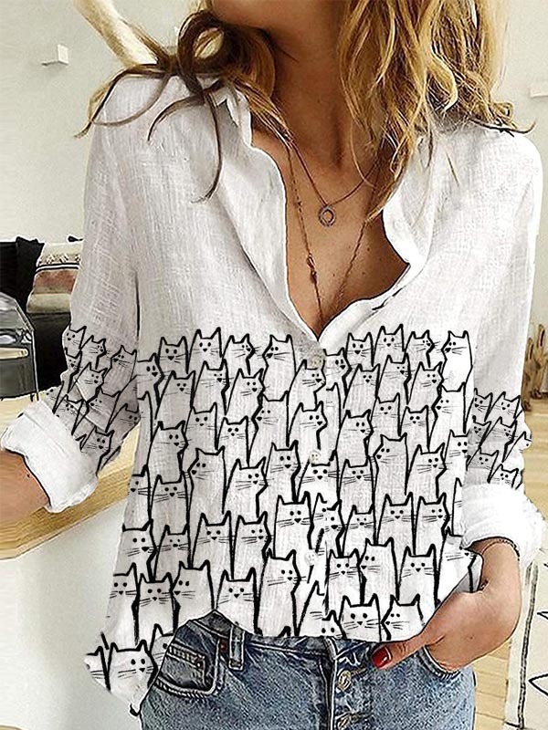 Lovely Cats Print Casual Blouse-Datalatt